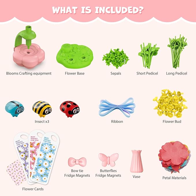 XIKBDU DIY Art Flower Toys, Arts and Crafts Activity Kit for Kids Ages 3-12, Fabric Bouquet Craft with Light&Music for Toddler, Christmas Birthday Gifts for 3 4 5 6 7 8 9 10 11 12 Year Old Girl