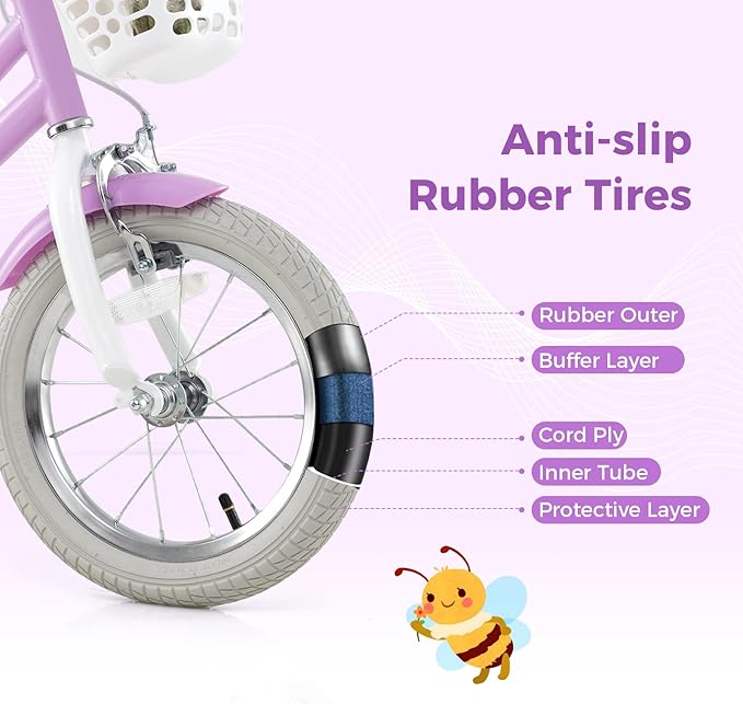 BABY JOY Kids Bike, 12 14 16 18 Inch Children Bicycle w/Detachable Training Wheels, Storage Basket, Adjustable Seat & Handlebar, Bow or Streamer, Girls Bike for 3-8 Years Old