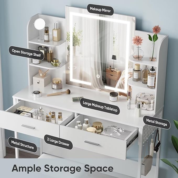 Vyre Metal Vanity Desk with Hooks, White Makeup Table with Mirror and Light, Adjustable Brightness, 2 Large Drawers, 6 Open Shelves, Vanity Set with Chair for Bedroom, Girls