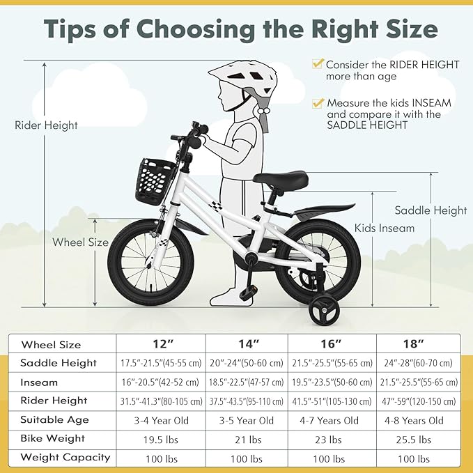 COSTWAY Kids Bike, 12 14 16 18 Inch Toddler Bike for Boys & Girls Aged 3-8 Years Old, Kids Bicycle w/Removable Training Wheels, Handbrake & Coaster Brake, Basket, Bell