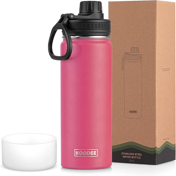 koodee Insulated Water Bottle, 22oz Stainless Steel Double Wall Vacuum Wide Mouth Sport Bottle with Leakproof Spout Lid (Pink Red)