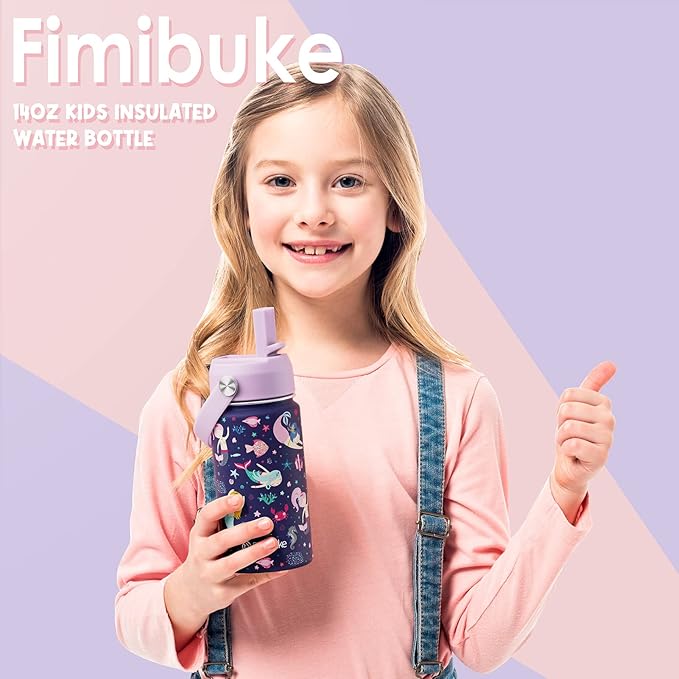 Fimibuke Kids Insulated Water Bottle, 14oz BPA FREE Double Wall Vacuum Tumbler 18/8 Stainless Steel Leak Proof Kids Cups with Straw Metal Water Bottle for School Boy Girl (2 Pack, RAINBOW/MERMAID)