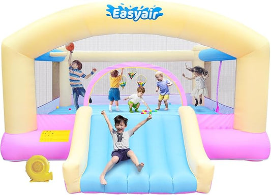 Large Bounce House for Big Kids, 14.8 x 14.5 FT Inflatable Bouncer Jumper Slide with 650W Blower, Basketball Hoop, Throw Ball Game, Ball Pits Yellow