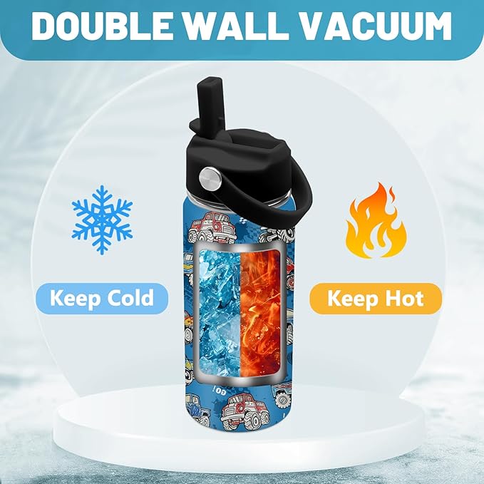 Trucks Gifts for Boy Truck Lovers, 16 oz Water Bottles with Straw Lid, Stainless Steel Insulated Tumbler, Truck Cup Gifts for Birthday Christmas