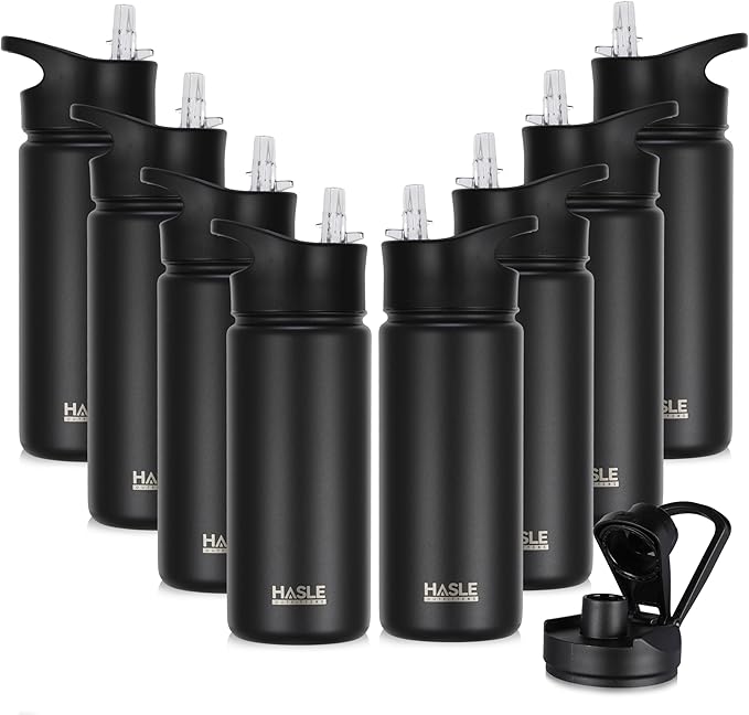 HASLE OUTFITTERS Insulated Water Bottle 16 oz Double Wall Vacuum Stainless Steel Water Bottle Leak Proof for School Wide Mouth with Straw Lid & Spout Lid Keeps Cold and Hot(Black,8pack)