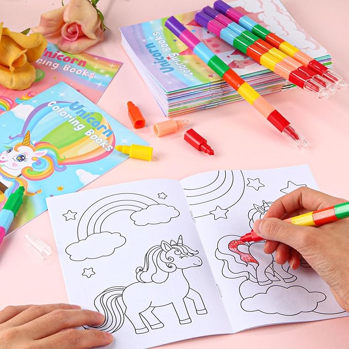 BenLouis 12 Unicorn Mini Coloring Books Kids with 12 Stacking Crayons Unicorn Birthday Party Favors Small Activity Books Bulk for Kids Rainbow Party Gift Goodie Bag Stuffers