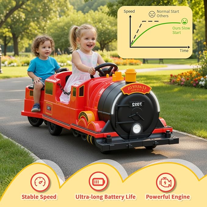 TLSUNNY Ride On Train Trackless, 12V Kids Battery Electric Train with 2-Seater，Detachable Carriage, Extra Storage, Colorful Lights & Music, Toddlers Car Toy for Boys & Girls Age 3+ (Red)