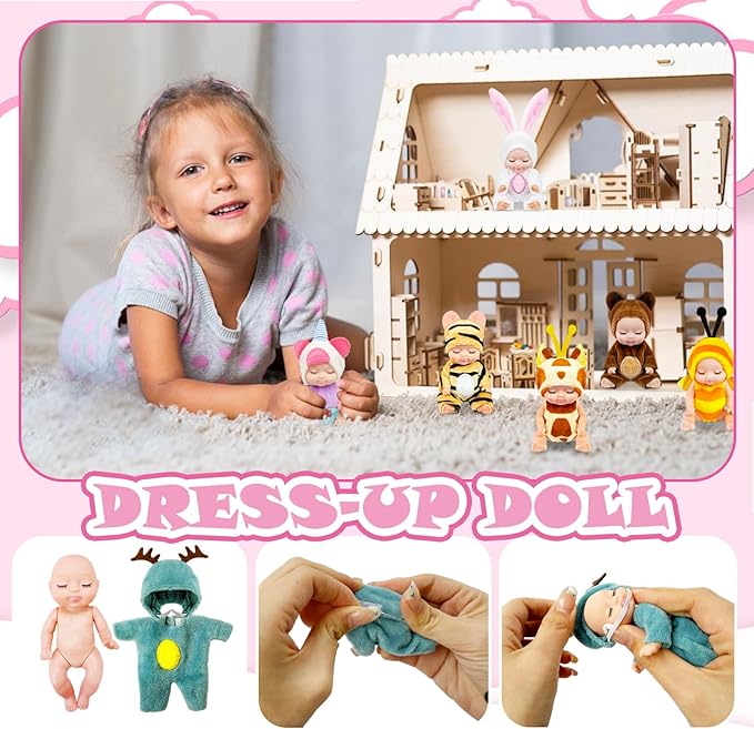 Haawooky 6 Pcs 4 Inch Mini Baby Dolls,Cute Small Baby Doll Toys with 8 Pcs Animal Clothes,Lifelike Realistic Reborn Tiny Baby Dolls for Kids Baby Shower Easter Basket Birthday Gifts