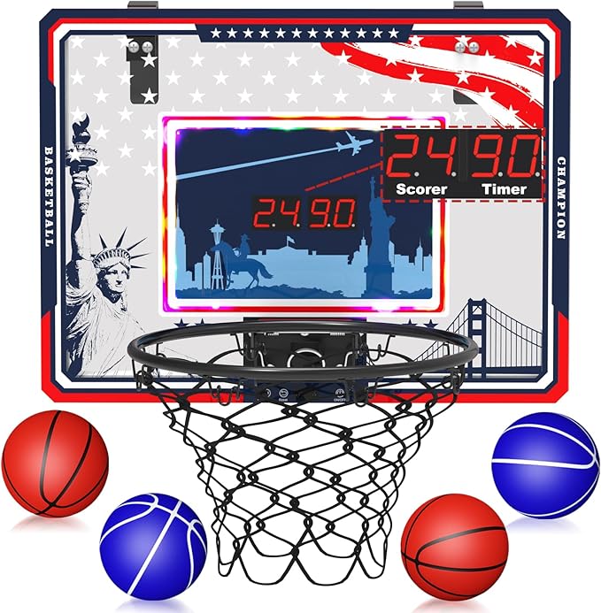 Indoor Basketball Hoop, Mini Basketball Hoop with LED Lights, Timer and Scoreboard, Indoor Basketball Hoop for Kids 3-12, for Boys and Girls