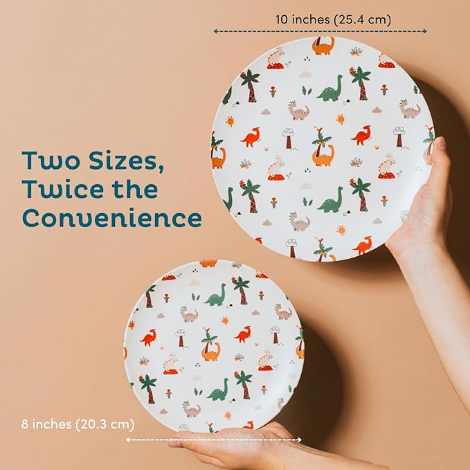 Nook Theory 4 Pack Reusable Bamboo Plates - Non-Toxic Toddler and Kids Plate, Dishwasher Safe, Not Microwavable Dinnerware (Dino 8")
