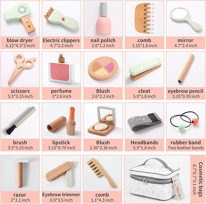 Wooden Kids Makeup Toy Set, Girls Pretend Cosmetic Bag Toys, Play House Beauty Salon Game, Birthday Gift for 3-9 Years Old Christmas 19pcs