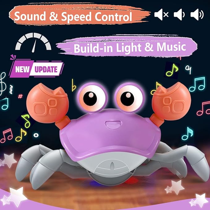 Purple Crawling Crab Baby Toy - Violet Tummy Time Crab Infant Walking Crab Dancing Moving Crawl Crab with Music & Light Cute Interactive Running Escape Catch Me Crab for Crawler Side Walk Toddler Crab