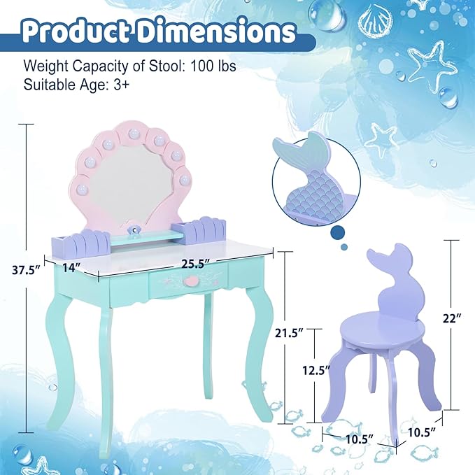 Kids Vanity with Lights, Wooden Princess Vanity for Girls, 2 in 1 Ocean Theme Toddler Dressing Table and Chair Set, Little Girl Makeup Vanity with Mirror for Children Birthday