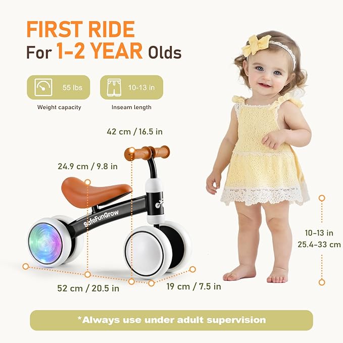 Colorful Lighting Baby Balance Bike Toys for 1 Year Old Boys Gifts, Balance Bike 1 Year Old No Pedal, 12-24 Months Toddler Ride on Toys with 4 Silent Wheels & Soft Seat, 1st Birthday Gifts, Black