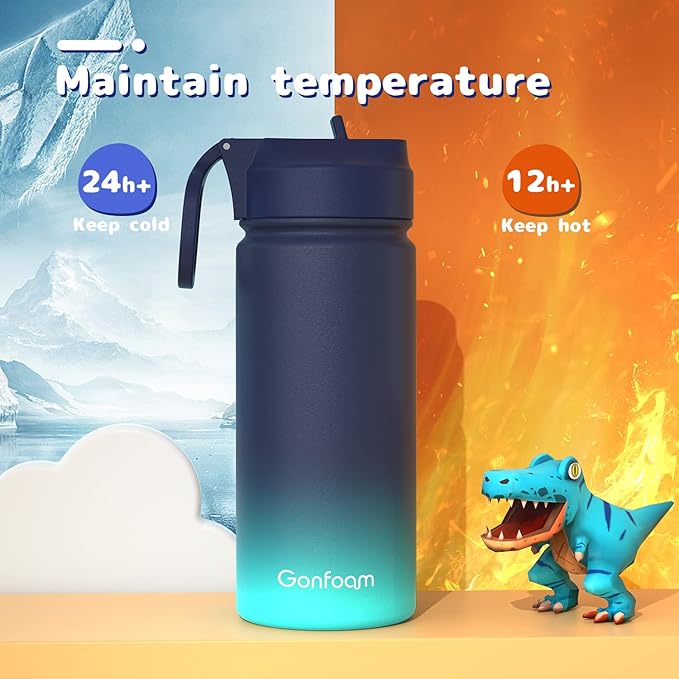 Kids Water Bottle, 16oz Water Bottles Kids with Straw and Stickers, Stainless Steel Vacuum Double Wall Insulated cup, Kids Water Bottle for School, Gifts for Boys(Navy blue)