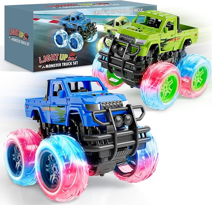 LODBY Monster Trucks Toys for Toddlers, Light-Up Trucks & Cars Toys for 2 3 4 5 6 Year Old Boy Birthday Gifts, Kids Push and Go Cars with Flashing Wheels (2 Pack)