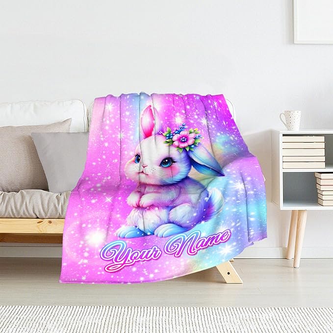 Personalized Bunny Blanket Gifts - Flannel Plush Throws Gifts for Bunny Lovers - Pink Stuff Throw Blanket for Sofa, Couch
