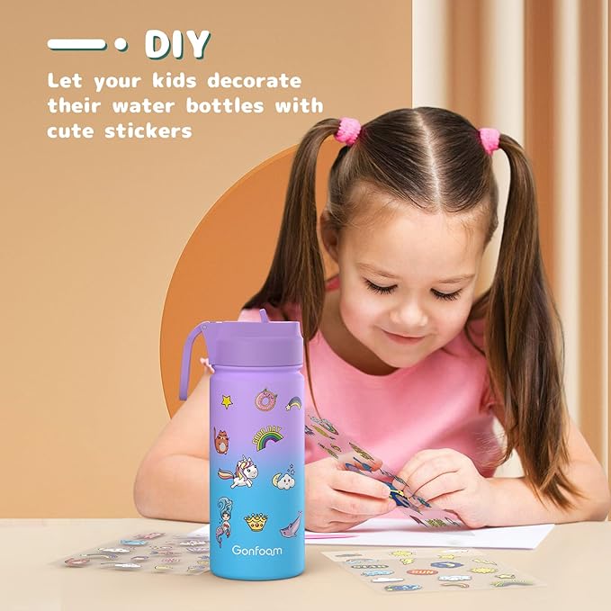 16oz Water Bottles with Straw and Stickers, Stainless Steel Vacuum Double Wall Insulated cup, Kids Water Bottle for School, Gifts for Girls(Purple and Blue)