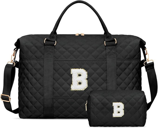 Gifts for Teen Girl, Initial Travel Duffle Bag, Personalized Women Weekender Overnight Bags, Gift for Daughter Kid Girl Wife Friend（Black,B)