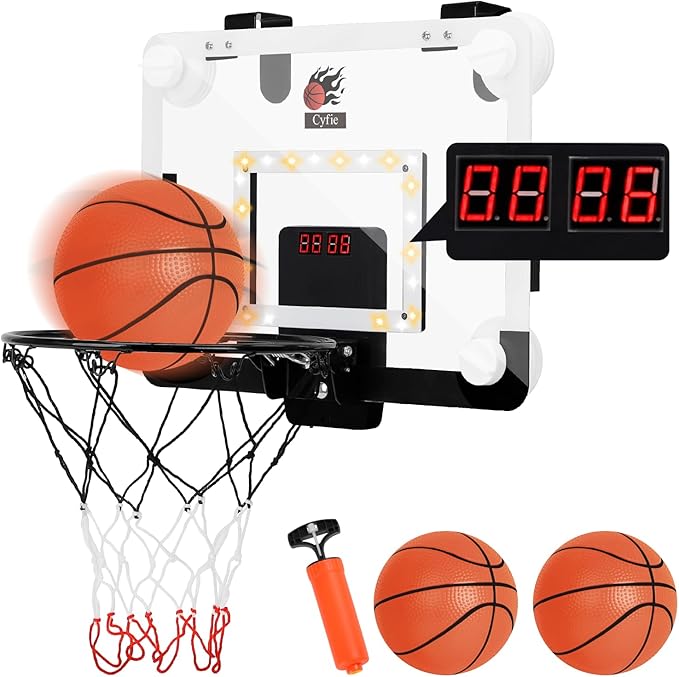 CYFIE LED Basketball Hoop, Suction Cup/Over The Door Basketball Hoop with Sturdy Backboard/Electronic Scoreboard, Sound, 3 Balls, Mini Indoor Basketball Toy Gifts for Kids Teens Boys Girls Youth