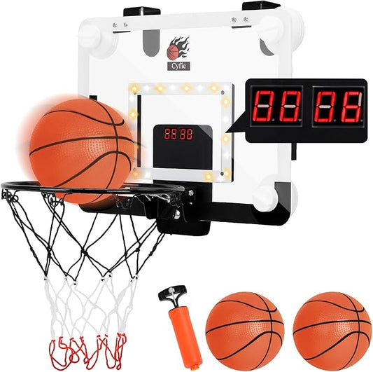 CYFIE LED Basketball Hoop, Suction Cup/Over The Door Basketball Hoop with Sturdy Backboard/Electronic Scoreboard, Sound, 3 Balls, Mini Indoor Basketball Toy Gifts for Kids Teens Boys Girls Youth