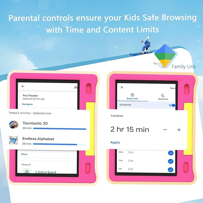 Kids Tablet 10", Android 14, 8GB+64GB (1TB Expandable), Octa-Core, 1280×800 HD Display, Dual Cameras, 12-Hour Battery, Parental Controls, Childs Tablet with Shockproof EVA Case
