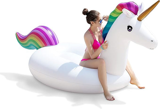 Jasonwell Giant Inflatable Unicorn Pool Float Floatie Ride On with Fast Valves Large Rideable Blow Up Summer Beach Swimming Pool Party Lounge Raft Decorations Toys Kids Adults