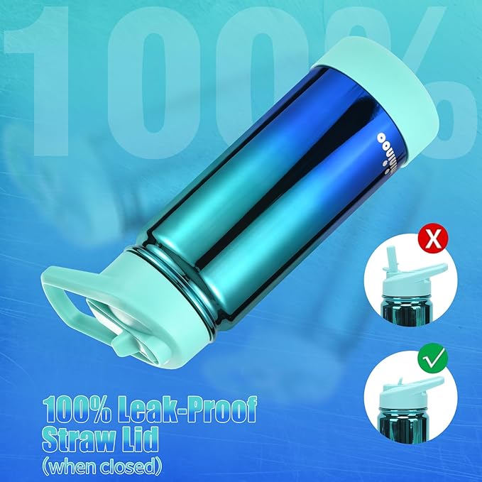 Mininoo Boys Water Bottle for School, 16oz Stainless Steel Insulated Metal Water Bottle with Straw Lid for Boys