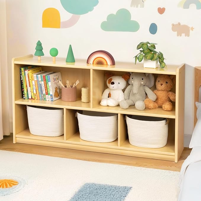 5-Compartment Montessori Bookshelf, Toy Storage Organizer, 2-Layer Toddler Bookshelf for Playroom Storage, Book Shelf for Kids Rooms, School, Nursery