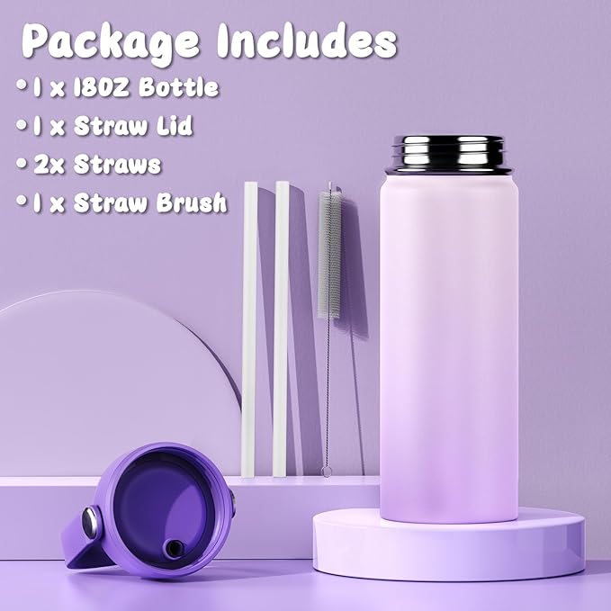 18oz Kids Insulated Water Bottle with Straw Lid - 18/8 Stainless Steel Kid Cup BPA-FREE Travel Tumbler Double Wall Vacuum Leak Proof Portable Toddler Water Bottle (Purple）