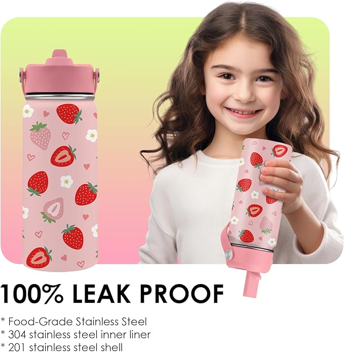 16oz Insulated Water Bottle with Handle & Flip Straw Strawberry-Themed Tumbler, Stainless Steel Heart-Shape Themed Mugs, Gifts for Girls Coworkers, Friend, Travel Cup