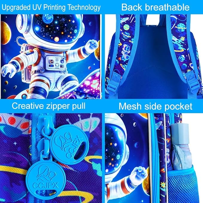 16" Space Boy Backpack, 3Pcs Astronaut Bookbag for Elementary Preschool Kindergarten, Kids School Backpacks with Lunch Box (Blue)