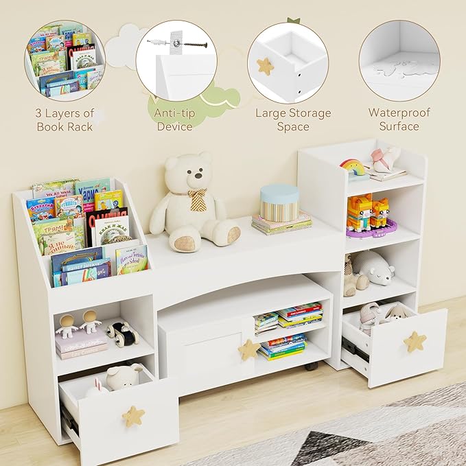 ELECWISH 55” Kids Bookshelf with Reading Nook, Kids Bookcase with Desk and Toy Storage Drawers, 6 Storage Cubbies and Storage Cabinet with Wheels for Kid's Bedroom, Playroom, School, White