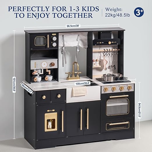 ROBOTIME Wooden Play Kitchen for Toddlers and Kids, Toy Kitchen Set with Ice Maker and Coffee Machine, Realistic Toddler Kitchen Set, Gift for Girls Boys Ages 3+