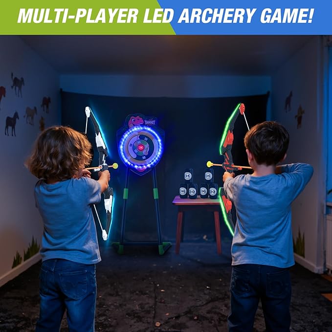 2 Pack Kids Bow and Arrow, LED Light Up Archery Set with 24 Suction Cup Arrows, Indoor Outdoor Sport Dinosaur Toys Gifts for 3 4 5 6 7 8 9 10 11 12 Year Old Boys Girls