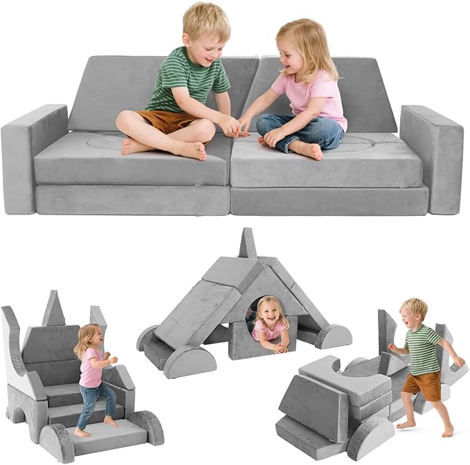 15 Pcs Modular Kids Play Couch, Toddler Couches That Fold Out, Plush Foam Chair for Children’s Playroom, Velvet Fabric Convertible Foam and Floor Cushion for Boys and Girls (Gray,27)