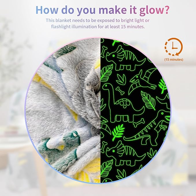 Personalized Dinosaur Glow in The Dark Blanket, 40"x50", Soft Fleece Throw for Boys and Toddlers