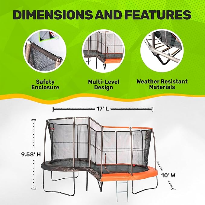 JumpKing Multi-Level Oval Trampoline with Ladder, Heavy Duty, Indoor/Outdoor with Safety Enclosure, Basketball Hoops and Toss Game Included, Durable Jumping Surface for Kids and Adults, 10ft x 17ft