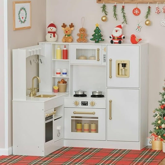 Arlopu Corner Wooden Play Kitchen with Lights & Sounds, Ultimate Pretend Cooking Toy Playset w/Utensils, Oven, Microwave, Stove, Water Dispenser (Beige)