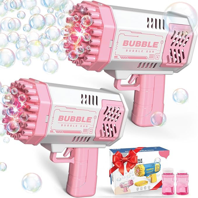 Dolanus Bubble Gun 2 Pack with 2 Bottles Bubble Solution, 40-Hole Light Up Dip Bubble Machine for Kids, Bubble Toy for 3 4 5 6 7 8 Years Old Boys Outdoor Indoor Kid Birthday Wedding Party(2*Pink)