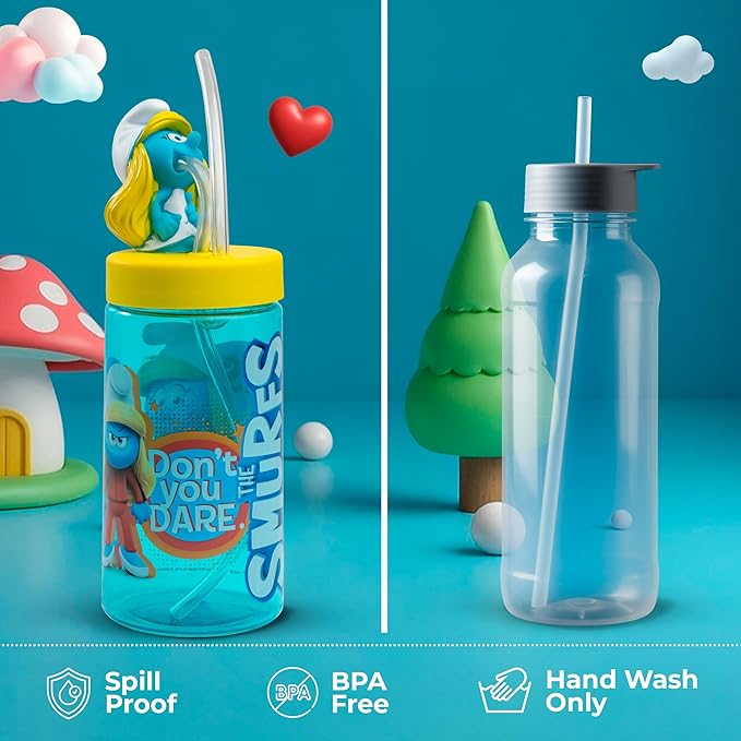 Smurfette Cup, Water Bottle, Tumbler with Lid and Straw, Travel Sippy Cup for Water or Milk, Cups with Lids BPA Free Plastic, 12 oz