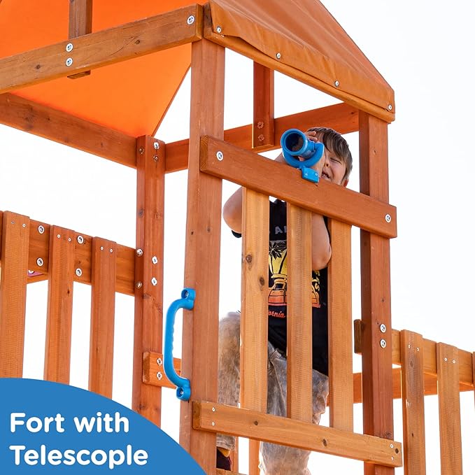 Dolphin Playground Wooden Swing Sets for Backyard with 2 in 1 Outdoor Table, Outdoor Playset for Kids 3-10 with Rock Climbing Wall, 6FT Wave Slide, Fort, and 2 Belt Swings, Playground Accessories