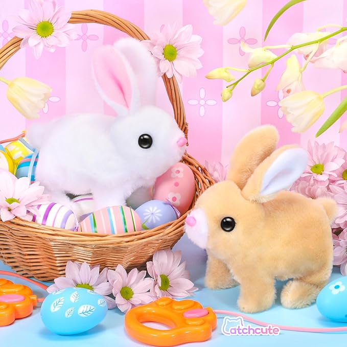 Plush Bunny Easter Toys for Kids,Interactive Bunny with Sounds,Can Walk,Wag Tail and Twitch Nose with Remote Control Leash,Easter Eggs with Pull Back Cars,Easter Birthday Gift for Toddlers