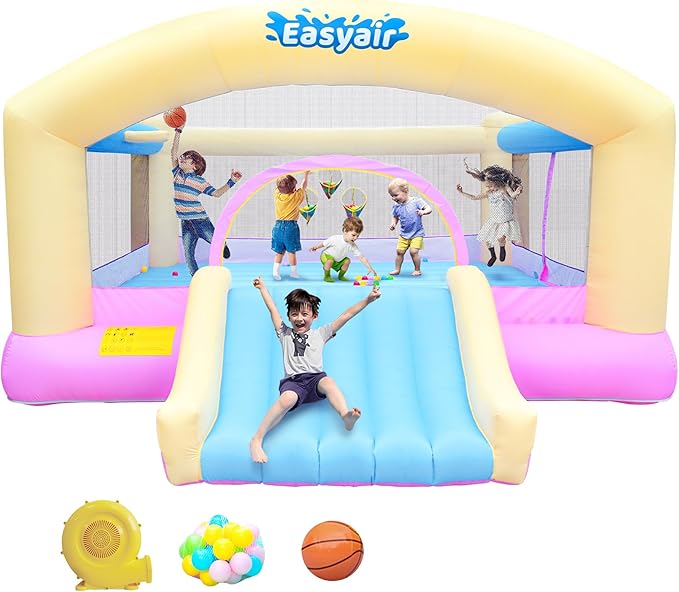 Large Bounce House for Big Kids, 14.8 x 14.5 FT Inflatable Bouncer Jumper Slide with 650W Blower, Basketball Hoop, Throw Ball Game, Ball Pits Yellow