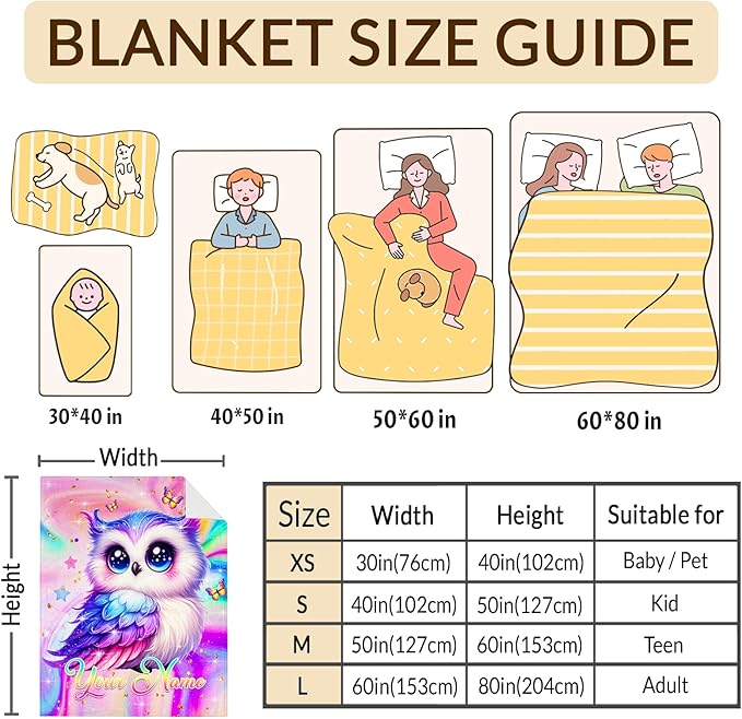 Personalized Blanket for Girls, Custom Throw Blanket Gift for Kids Teens, Owl Stuff for Animals Lovers, 50"x40" Flannel Blankets for Couch Sofa Bed Bedroom Decor