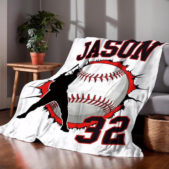 Personalized Baseball Blankets with Name Numbers, Custom Baseball Team Game Throw Flannel Blankets Stuff Gifts for Boys Sports Lover Fans Kids Adult