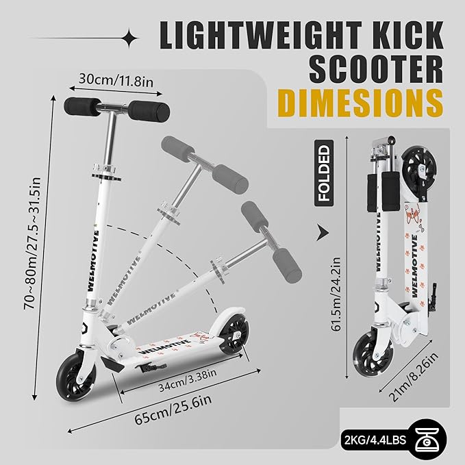 Kick Scooter for 3+Years Old Boys & Girls Lightweight, Foldable, Aluminum Frame, and Adjustable Handlebars, Rear Brake, and Flashing Light up Wheels