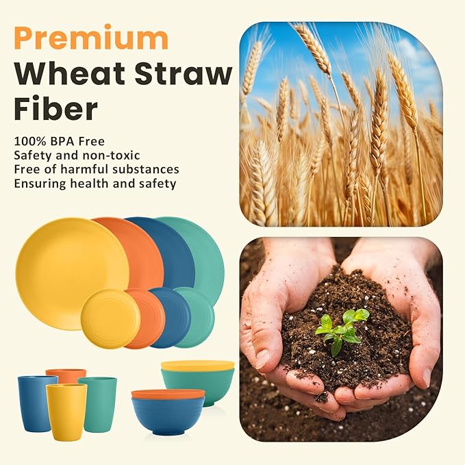 Homienly Dish Set Wheat Straw Dinnerware Sets Unbreakable Reusable Dinnerware Set 16 PCS Cups Plates and Bowls Sets, Microwave and Dishwasher Safe Dishes for Camping, Outdoor - Colorful