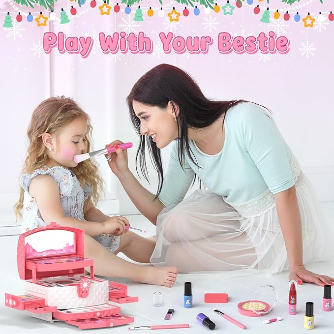 GirlsHome Kids Makeup Set for Girl 56 Pcs Washable Real Cosmetic, Non-Toxic Frozen Toys Toddler Makeup Kit, Frozen Princess Dress up Kit Christmas & Birthday Girl Gift for 3-12 (Frozen Pink)