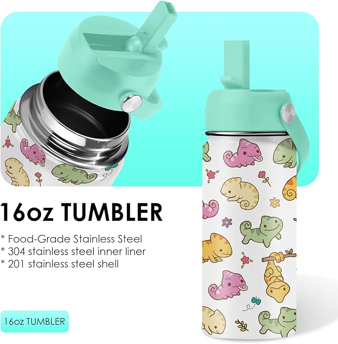 Axolotl Gifts for Girls - 16oz Green Axolotl Water Bottle with Straw Lid, Stainless Steel Insulated Tumbler, Leak Proof, for Boys, Sport, Travel, School - Animal Lovers Children Birthday Gift Cup(1pc)